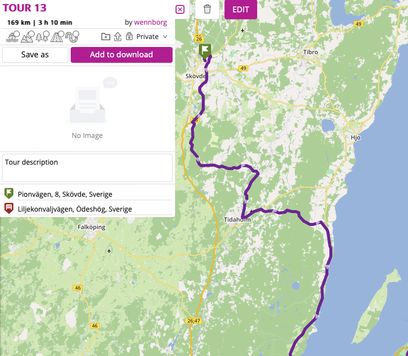 Tourstart bild från appen visandes navigering och planering av rutt